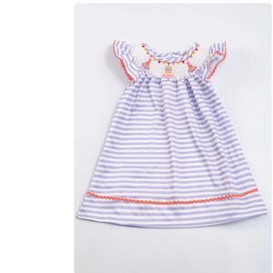 Clover Cottage Purple & white stripe smocked birthday embroidered dress NWT
